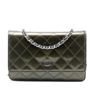 Pre-Loved Chanel CC Quilted Metallic Patent Striped Wallet on Chain